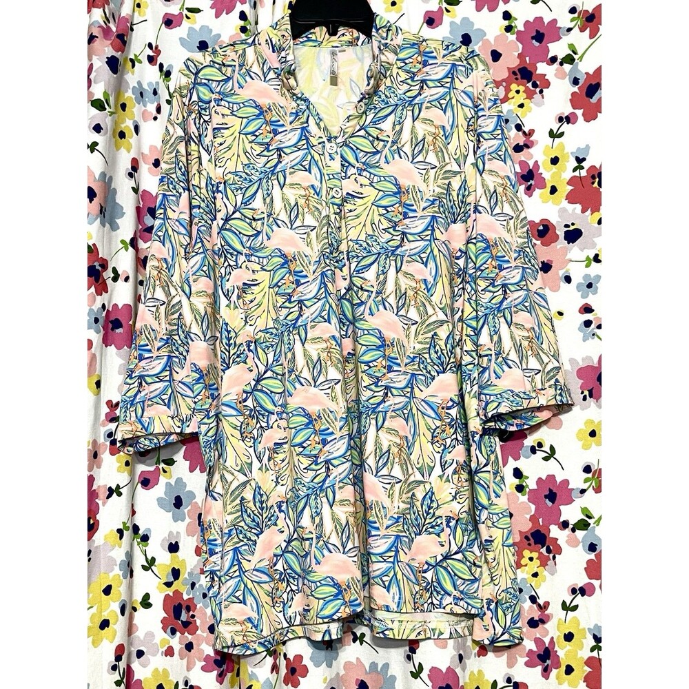 LULU B Smooth Stretch Flamingo Floral Print Casual Tunic Size 1X 3/4 Sleeves